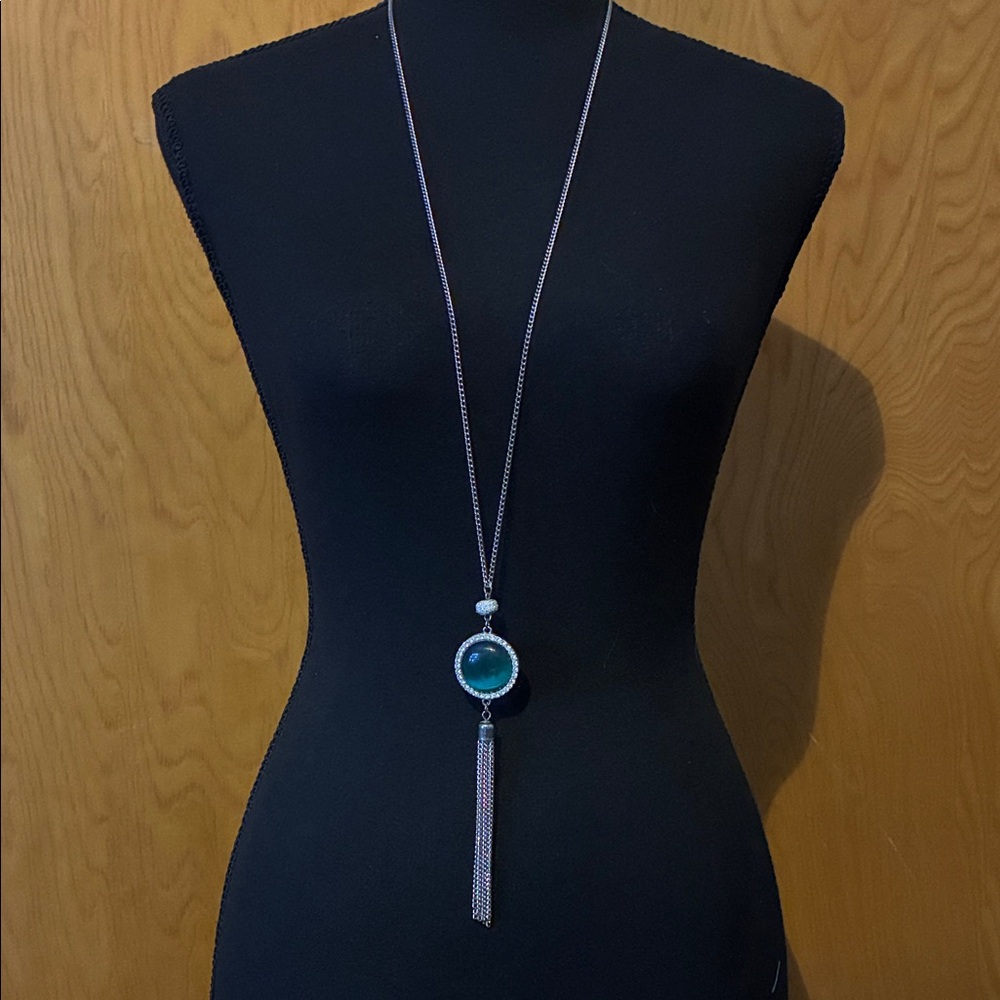 Silver Long Pendant Necklace with Teal Green Accent
